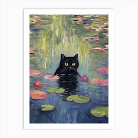 Water Lilies And A Black Cat Inspired By Monet 1 Art Print