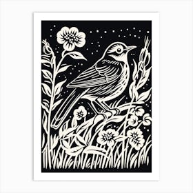 B&W Bird Linocut Lark 4 Art Print