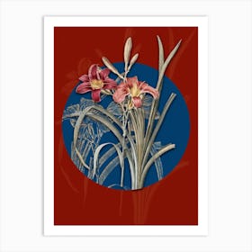 Vintage Botanical Orange Day Lily on Circle Blue on Red n.0054 Art Print