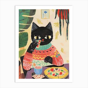Black Cat Eating A Pizza Slice Folk Illustration 1 Art Print