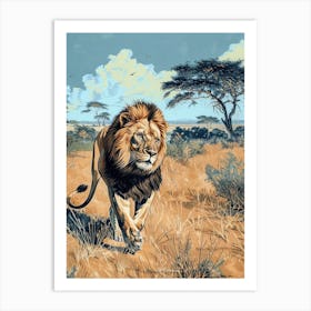 African Lion Relief Illustration Hunting 2 Art Print