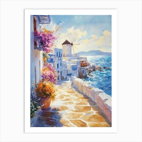 A vibrant watercolor painting of Mykonos Art Print