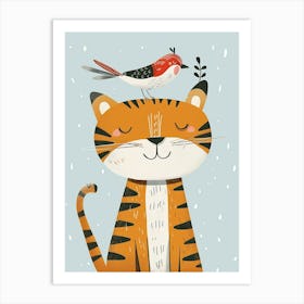 Small Joyful Tiger With A Bird On Its Head Art Print