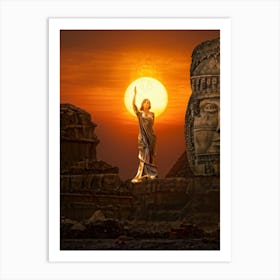 A Digital Painting Capturing The Merging Of Different Eras A Monumental Statue Of A Woman Holding T (2) Art Print