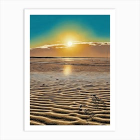 Sunset Beach in Riviera. The image captures a serene sunset over a sandy beach. The sun, a bright yellow orb, hangs low in the sky, casting a warm glow over the scene. The sky transitions from a vibrant blue to a soft orange, with wispy clouds adding a touch of texture. The beach is a vast expanse of golden sand, marked by gentle ripples and the faint outline of a distant shoreline. Art Print