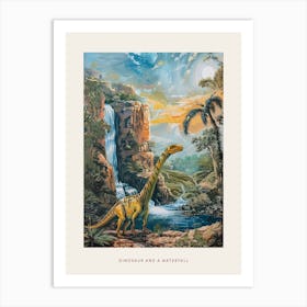 Dinosaur By A Waterfall Landscape Painting 2 Poster Art Print