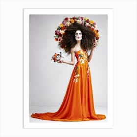 Girl With Oversized Eyes Dressed In An Orange And White Long Dress Featuring Flower Patterns Entwi Art Print