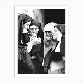 Nuns Smoking, Funny Vintage Black and White Old Photo Art Print