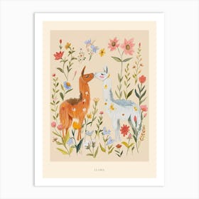 Folksy Floral Animal Drawing Llama 3 Poster Art Print