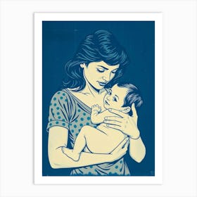 Mother And Child - Washed Blue Art Print