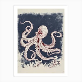 Octopus Linocut Style With Aqua Marine Plants 5 Art Print