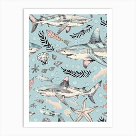 Pastel Blue Zebra Shark Watercolour Seascape Pattern 2 Art Print