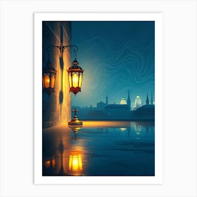 Mystical Lantern and City At Night Art Print