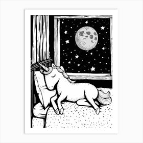 Unicorn Lying In Bed With The Moon Black & White Doodle 2 Art Print