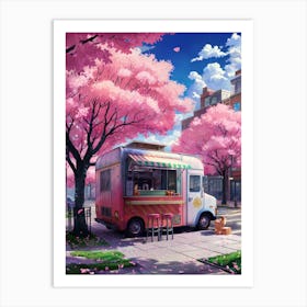 Lofi Anime Art: A cozy food truck under vibrant cherry blossoms on a sunny spring street. Perfect for cheerful, nostalgic vibes. Art Print