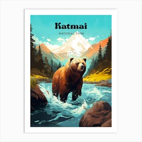 Katmai National Park Alaska Wildlife Modern Travel Illustration Art Print