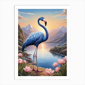 Floral Blue Flamingo Painting (34) Art Print