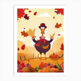 Cartoon Style Illustration Of A Cheerful Turkey Character Donning A Pilgrim Hat Amidst A Fall Harves Art Print