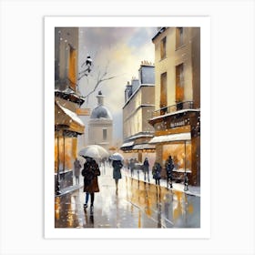 Paris cafes, winter season, Christmas, autumn oil colors, pale colors, pedestrians in the street, winter clothes, falling snow.Christmas decorations.4 2 Art Print