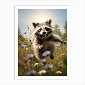 Cute Funny Crab Eating Raccoon Running On A Field 3 Art Print