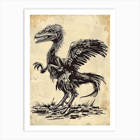 Microraptor Dinosaur Black Ink Illustration 1 Art Print
