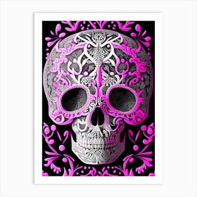 Skull With Mandala Patterns 3 Pink Linocut Art Print