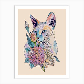 Cute Sphynx Cat With Flowers Illustration 3 Art Print
