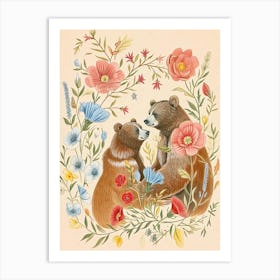 Folksy Floral Animal Drawing Bear 4 Art Print
