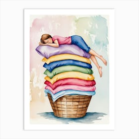 Girl Sleeping On A Pile Of Pillows Art Print