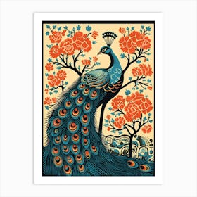 Vintage Bird Linocut Peacock 1 Art Print