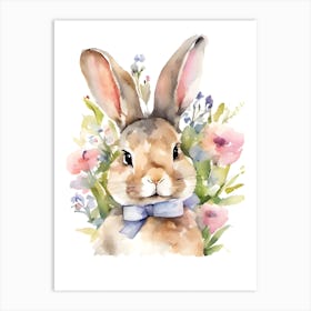 Watercolor Bunny With Flowers  Art Print