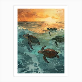 Sea Turtles At Sunrise In The Waves Art Print