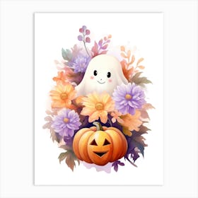 Cute Ghost With Pumpkins Halloween Watercolour 1 Art Print