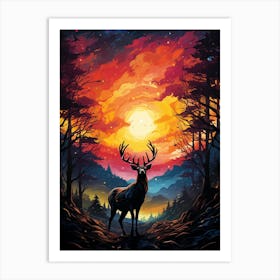 Deer In The Forest At Sunset Art Print
