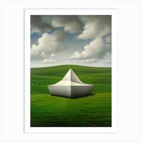 White Boat In A Green Field Art Print