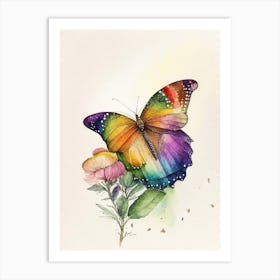 Butterfly On Rainbow Watercolour Ink 1 Art Print