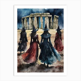 Spell Night - Witches Coven Meet at Stonehenge on a Full Moon - Winter Solstice Witchcraft Fairytale Witch Best Friends Magick Moon Gazing Wishes Manifesting Stone Circles Watercolor Art by Lyra the Lavender Witch Art Print