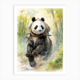 Panda Art Horseback Riding Watercolour 4 Art Print