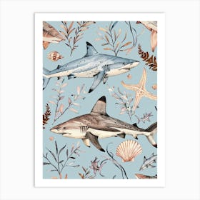 Pastel Blue Nurse Shark Watercolour Seascape Pattern 3 Art Print