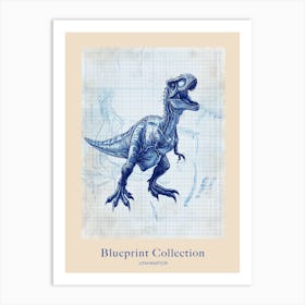 Utahraptor Dinosaur Blue Print Sketch 1 Poster Art Print