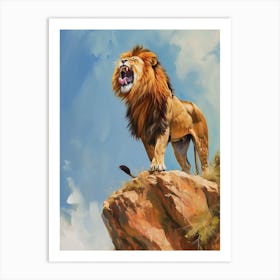 African Lion Roaring On A Cliff Acrylic Painting 3 Art Print