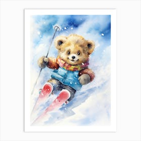 Skiing Teddy Bear Painting Watercolour 2 Art Print