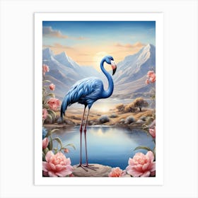 Floral Blue Flamingo Painting (55) Art Print