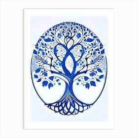 Tree Of Life 1 Symbol Blue And White Line Drawing Art Print