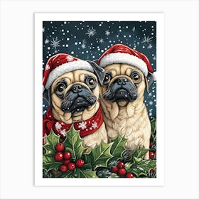 Pugs In Santa Hats Art Print