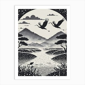Cranes Flying Over A Misty Marshland Ukiyo-E Style Art Print