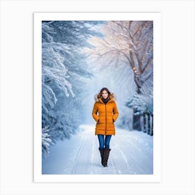 Woman in down jacket walking in a snowy wood Art Print