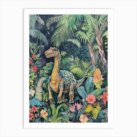 Dinosaur In Tropical Flowers Painting 1 Art Print