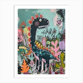 Dinosaur In The Garden Colourful Brushstroke 3 Art Print