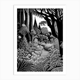 Christchurch Botanic Gardens, 1, New Zealand Linocut Black And White Vintage Art Print
